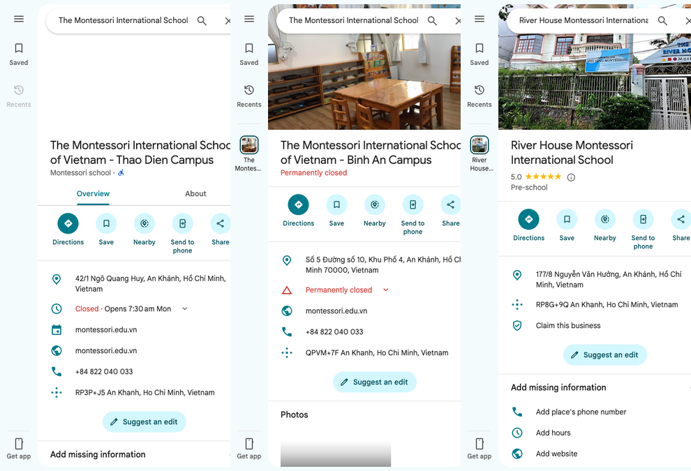 Google Maps listings for the Thao Dien, Binh An and River House campuses, 24 October 2026